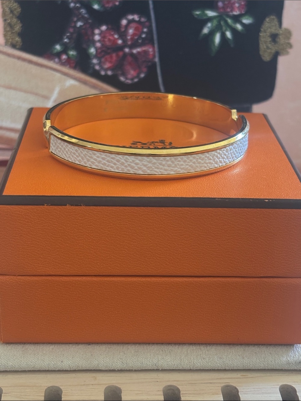 Gold-Tone Bracelet with White Textured Inlay